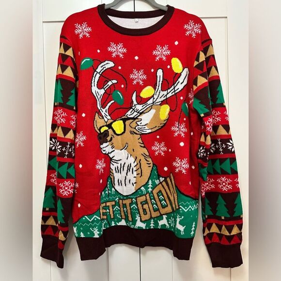 Men’s Festive Reindeer Ugly Christmas Sweater “Let It Glow” Sz LG NEW! - Picture 1 of 5